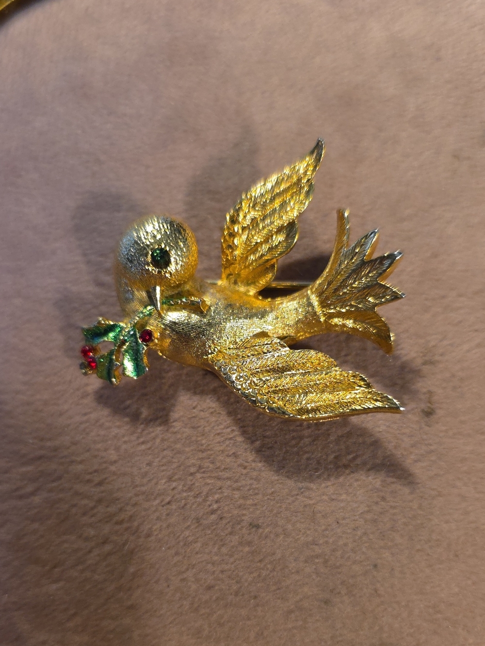 Vintage MYLU Gold Tone Dove Bird Brooch with Green and Red Accents